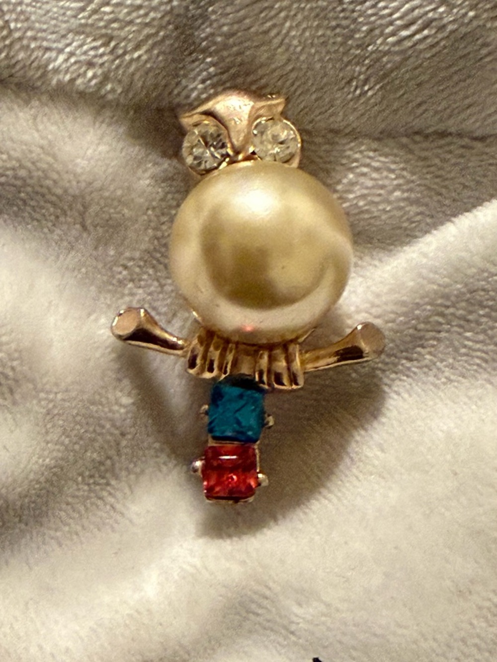 Gold-Tone Owl Brooch with Pearl and Red & Blue Stones